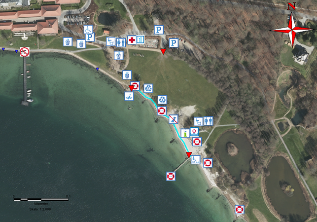 Her ser du en oversigt over de forskellige steder ved stranden.