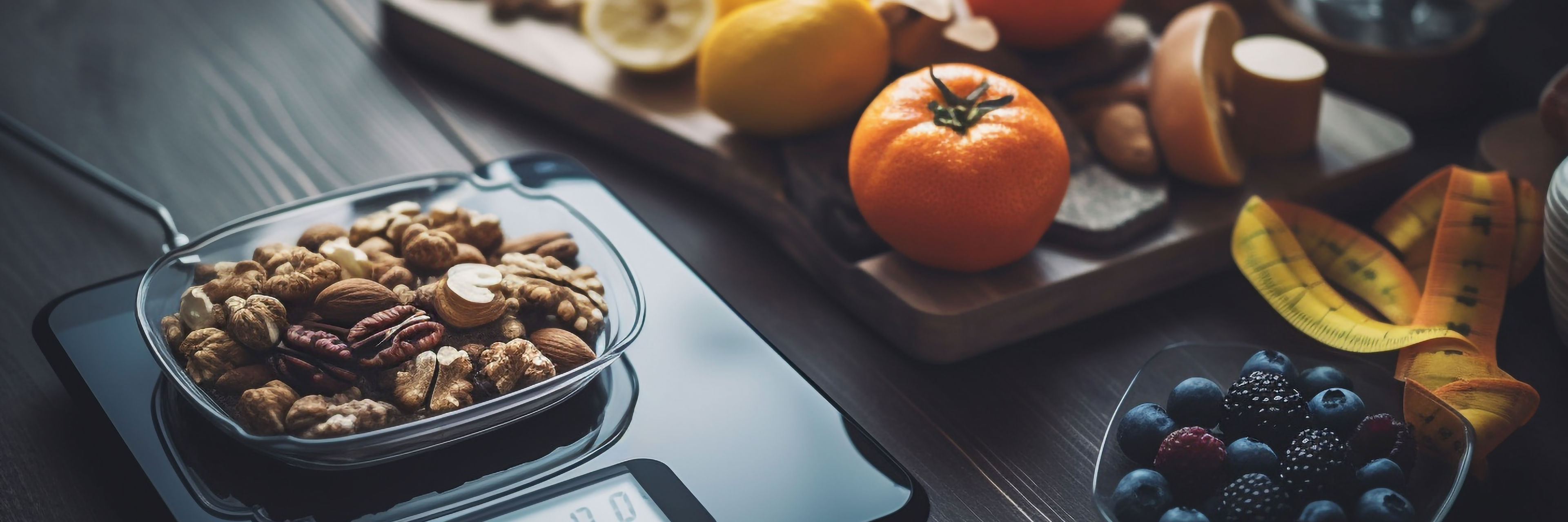 Fad med frugt og bordvægt med nødder