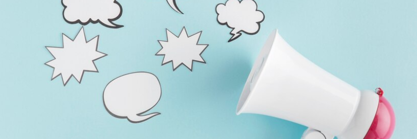 En megafon, hvor der kommer seks forskellige talebobler ud fra.