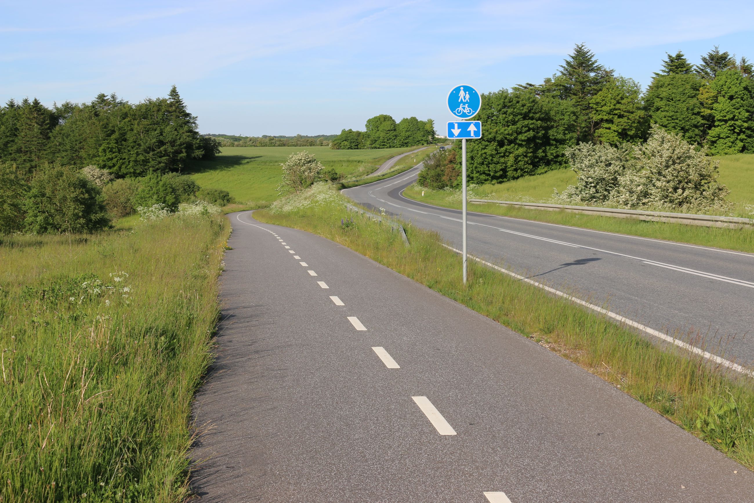 Cykelsti med marker og landlige omgivelser