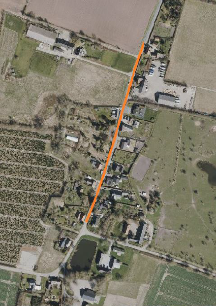 Markering af strækning på Gammel Nybyvej mellem nr. 71 og nr. 54. Strækningen er ca. 300 meter lang.