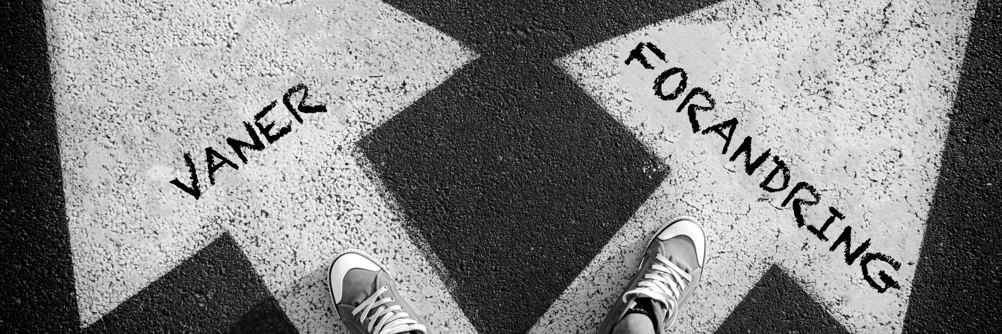 Mandeben på to pile. På den ene pil står der vaner. På den anden pil står der forandring.