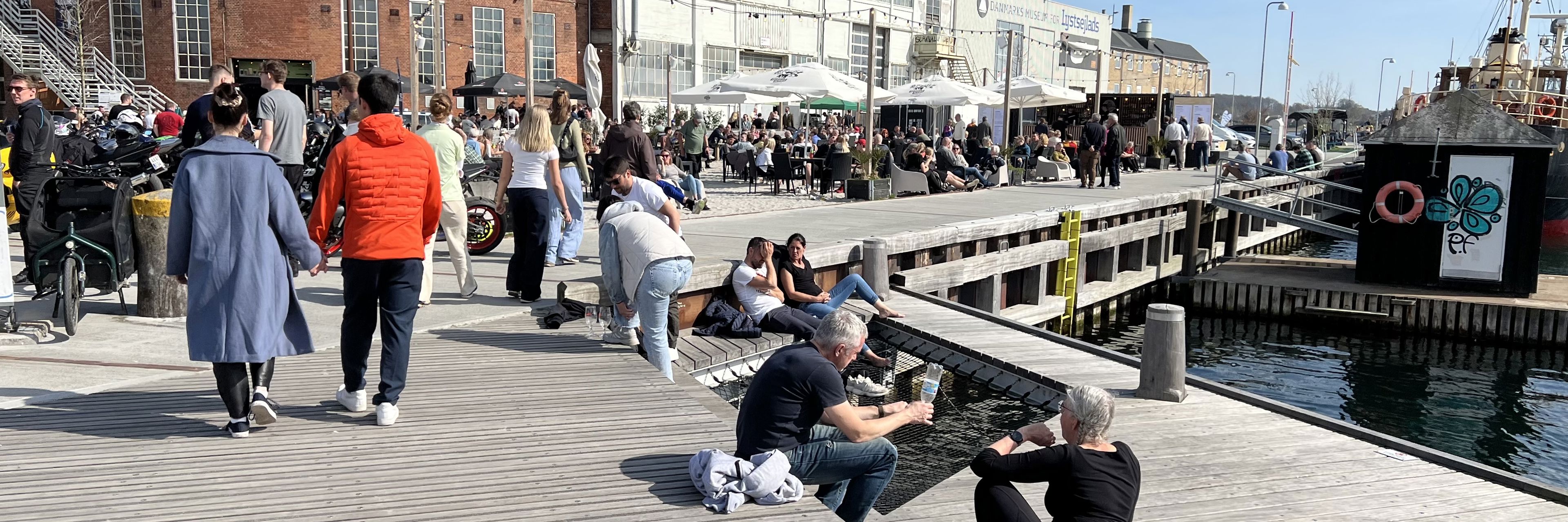 Mange mennesker samlet langs Svendborg Havn. Foran Kammerateriet.