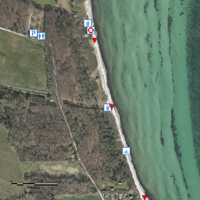 Her ser du en oversigt over de forskellige steder ved stranden.